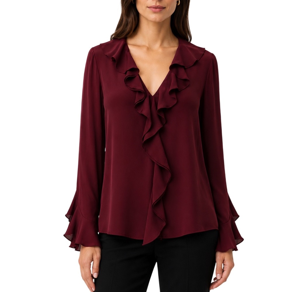 Kobi Halperin 100% Silk Ruffle Blouse Burgundy Bell Sleeve Career Office Size XS